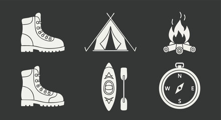 Fototapeta premium Outdoors Adventure Icons Collection Representing Hiking Camping Kayaking and Exploration for Nature Enthusiasts and Adventurous Souls