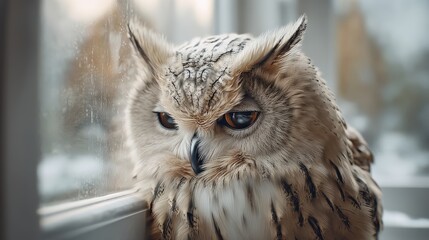 Proud owl perched near a window observing the winter landscape outside
