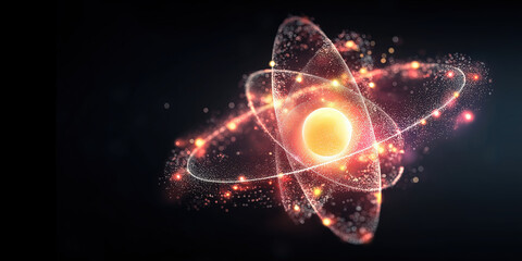 Glowing Atom Model with Colorful Energy Orbits &ndash; Abstract Nuclear Science and Molecular Physics Concept on Dark Background