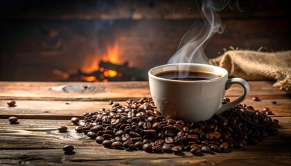 A steaming cup of coffee sits atop a pile of roasted beans on a wooden surface, with a warm fireplace in the background.