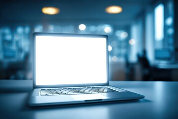 Modern laptop with a blank glowing screen on a desk in a blurred office.