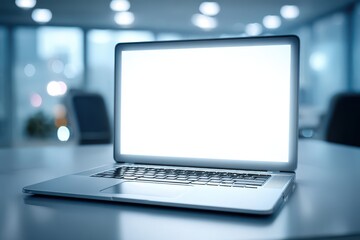 Fototapeta premium Modern laptop with a bright blank white screen on a desk in a blurred office environment