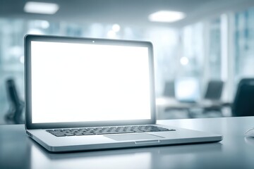 Modern laptop with blank white screen on office desk for your content.