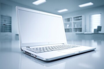 Sleek silver laptop with blank screen on a reflective desk in a bright, modern office.