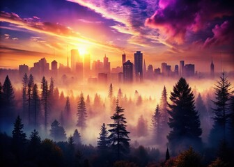 Fototapeta premium Double Exposure Dream: Surreal Cityscape Meets Mystical Forest