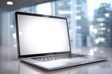 Close-up of a modern laptop with blank white screen on a desk in an office.