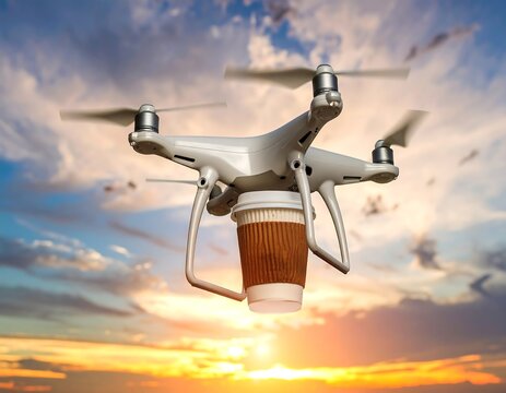 Futuristic drone delivering a coffee cup against a vibrant sunset sky, modern transport and smart technology.