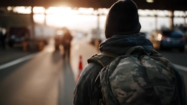 Lone traveler crossing a border checkpoint at night