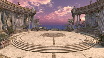 Obraz premium Ancient, circular, stone plaza overlooking ocean at sunset