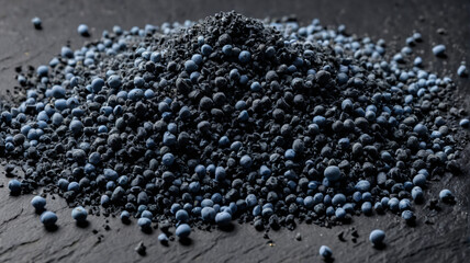 Overhead macro of blue fertilizer granules spilled in a line on black slate