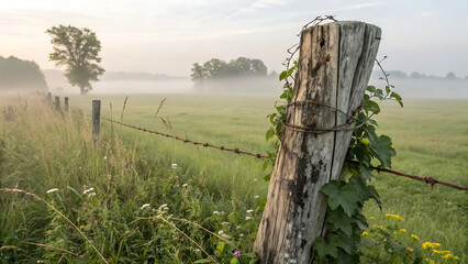 A weathered wooden fence post with barbed wire and creeping vines stands in a misty, grassy field at dawn, evoking a sense of rural tranquility and the beauty of nature