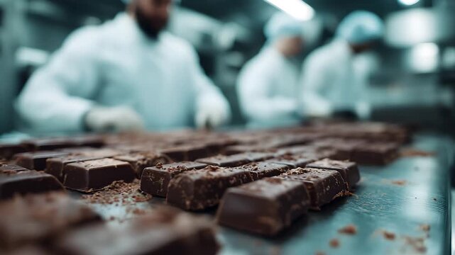 Chocolate bars being packaged in an industrial factory setting