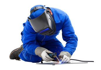 Skilled Welder in Blue Overall Performing Arc Welding isolated on a transparent background