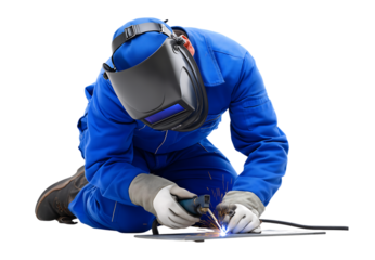 Skilled Welder in Blue Overall Performing Arc Welding isolated on a transparent background