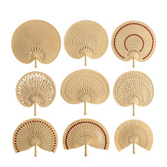 Nine woven raffia hand fans are arranged in a 3x3 grid on white or transparent background
