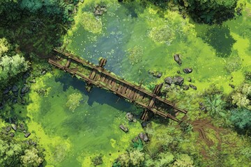 DnD Battlemap battlemap in toxic bog - Surrounded by greenery, battlemap shows a hazardous setting_remains of a bridge in a murky swamp.	