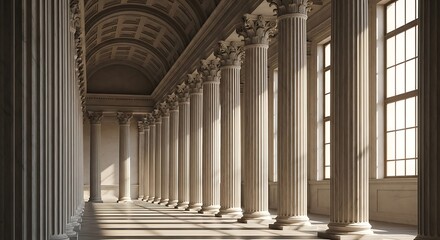 Fototapeta premium Majestic classical colonnade with sunlight casting long shadows.