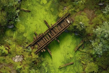 DnD Battlemap battlemap in toxic bog - Surrounded by greenery, battlemap shows a hazardous setting_remains of a bridge in a murky swamp.	