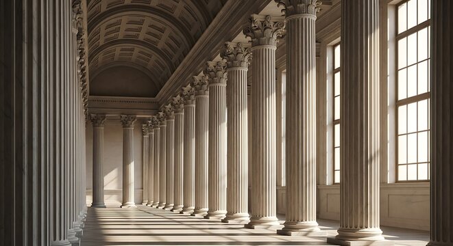 Majestic classical colonnade with sunlight casting long shadows.