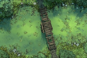 DnD Battlemap battlemap in toxic bog - Surrounded by greenery, battlemap shows a hazardous setting_remains of a bridge in a murky swamp.	