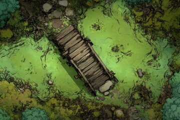 DnD Battlemap battlemap in toxic bog - Surrounded by greenery, battlemap shows a hazardous setting_remains of a bridge in a murky swamp.	
