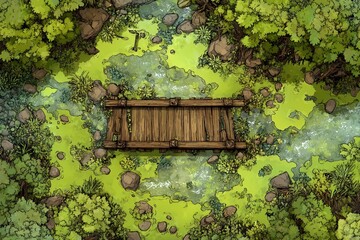 DnD Battlemap battlemap in toxic bog - Surrounded by greenery, battlemap shows a hazardous setting_remains of a bridge in a murky swamp.	