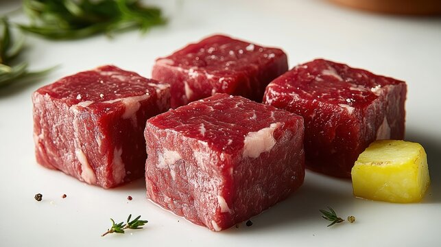 Succulent beef cubes sit beside a slice of herb, perfect for savory dishes and grilling