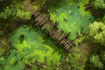 DnD Battlemap battlemap in toxic bog - Surrounded by greenery, battlemap shows a hazardous setting_remains of a bridge in a murky swamp.	