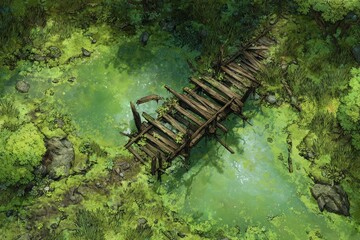 DnD Battlemap battlemap in toxic bog - Surrounded by greenery, battlemap shows a hazardous setting_remains of a bridge in a murky swamp.	