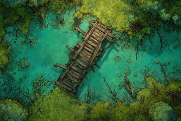 DnD Battlemap battlemap in toxic bog - Surrounded by greenery, battlemap shows a hazardous setting_remains of a bridge in a murky swamp.	