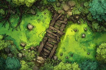 DnD Battlemap battlemap in toxic bog - Surrounded by greenery, battlemap shows a hazardous setting_remains of a bridge in a murky swamp.	