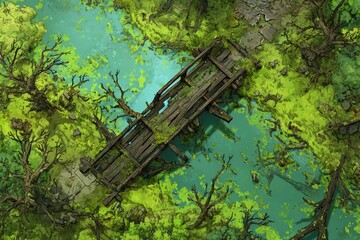DnD Battlemap battlemap in toxic bog - Surrounded by greenery, battlemap shows a hazardous setting_remains of a bridge in a murky swamp.	