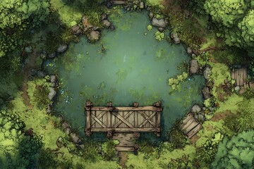 DnD Battlemap battlemap in toxic bog - Surrounded by greenery, battlemap shows a hazardous setting_remains of a bridge in a murky swamp.	