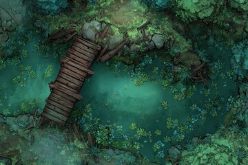DnD Battlemap battlemap in toxic bog - Surrounded by greenery, battlemap shows a hazardous setting_remains of a bridge in a murky swamp.	