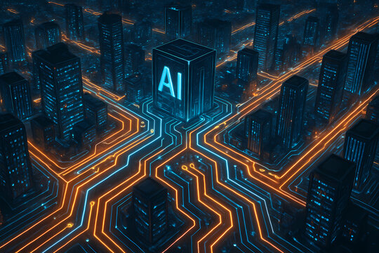 A central AI cube sends glowing blue and orange data streams through a futuristic, circuit-like smart city at night.