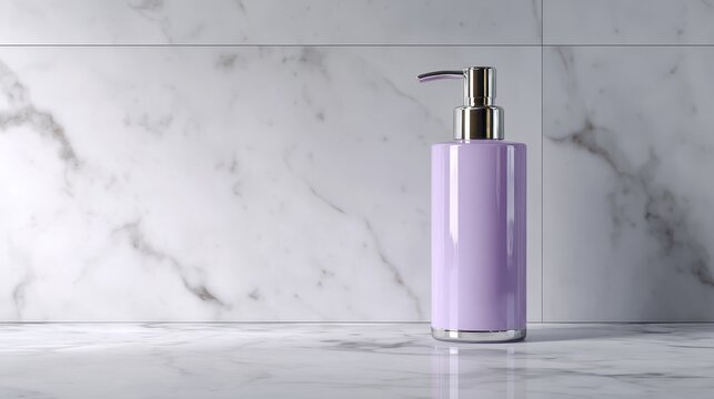 Minimalist lavender bottle with pump on white marble background, elegant skincare or soap packaging design, luxury bathroom product with clean and pastel aesthetic for beauty, wellness or grooming bra