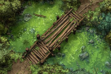 DnD Battlemap battlemap in toxic bog - Surrounded by greenery, battlemap shows a hazardous setting_remains of a bridge in a murky swamp.	