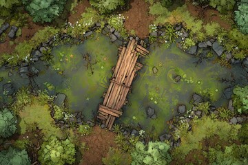 DnD Battlemap battlemap in toxic bog - Surrounded by greenery, battlemap shows a hazardous setting_remains of a bridge in a murky swamp.	