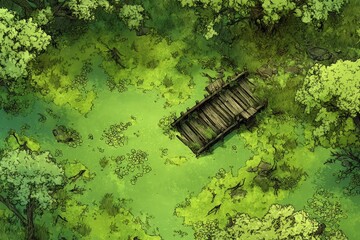 DnD Battlemap battlemap in toxic bog - Surrounded by greenery, battlemap shows a hazardous setting_remains of a bridge in a murky swamp.	