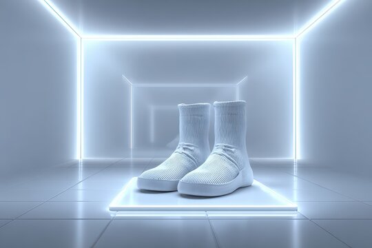 Futuristic white sneakers on glowing platform in minimalist neon room.