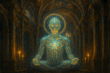 A mystical, glowing figure in a meditative pose radiates light within a grand, dark, and ancient temple.