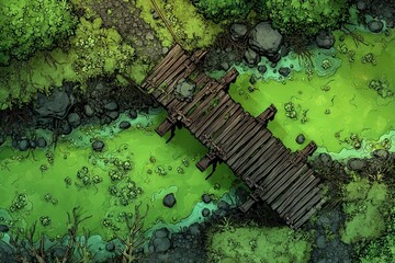 DnD Battlemap battlemap in toxic bog - Surrounded by greenery, battlemap shows a hazardous setting_remains of a bridge in a murky swamp.	