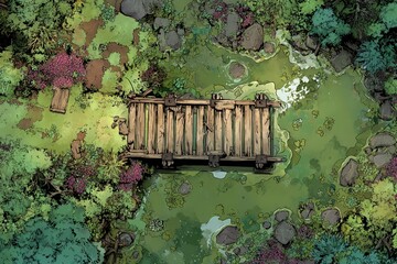 DnD Battlemap battlemap in toxic bog - Surrounded by greenery, battlemap shows a hazardous setting_remains of a bridge in a murky swamp.	