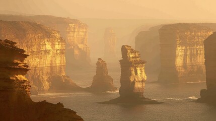 Fototapeta premium Golden, hazy coastal rock formations