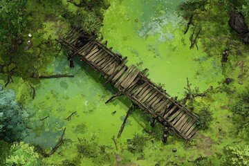 DnD Battlemap battlemap in toxic bog - Surrounded by greenery, battlemap shows a hazardous setting_remains of a bridge in a murky swamp.	
