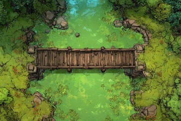 DnD Battlemap battlemap in toxic bog - Surrounded by greenery, battlemap shows a hazardous setting_remains of a bridge in a murky swamp.	