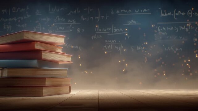 Stack of colorful books positioned next to chalkboard covered with handwritten formulas. Bright educational setting suitable for classrooms or study areas