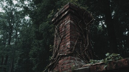 Old brick chimney overgrown with vines in a dark forest