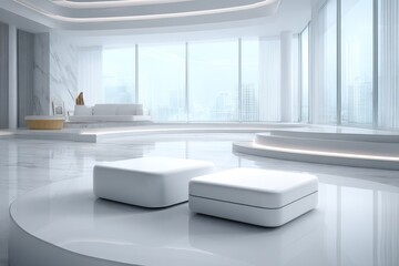 Fototapeta premium Sleek, modern, luxurious white interior with minimalist design and city view.