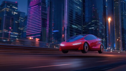 Obraz premium Futuristic red vehicle speeding through a city at night.